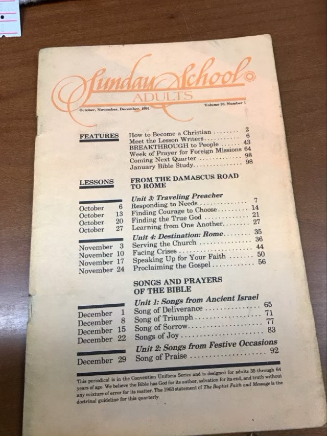 Sunday School Adults - Oct, Nov, Dec 1991. Volume 93, Number 1