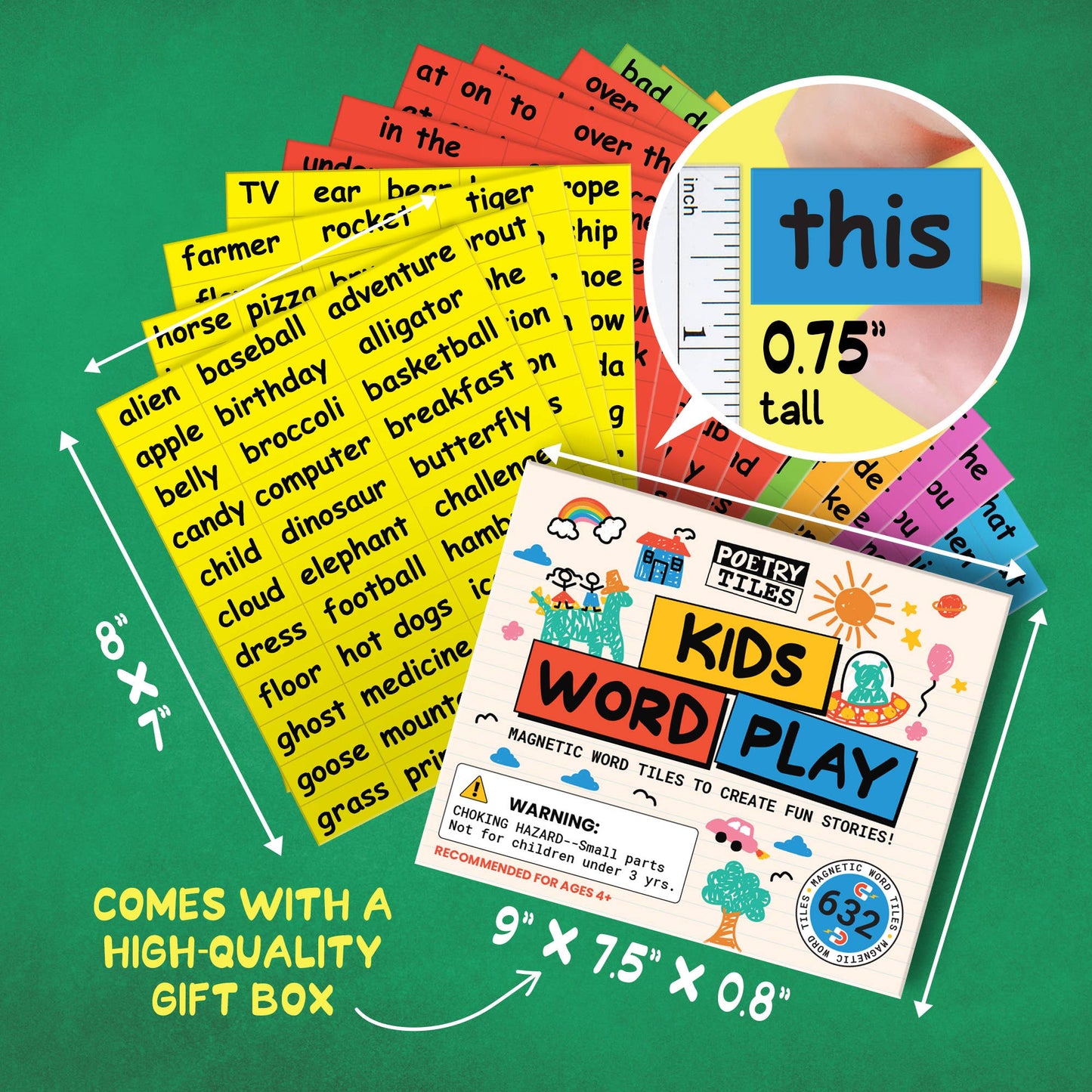 Poetry Tiles Kids Word Play Kit - 632 Word Magnets for Kids