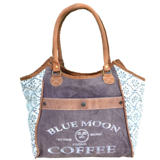 White And Grey Canvas Blue Moon Coffee Tote