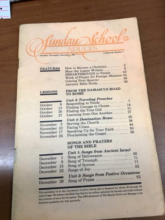 Sunday School Adults - Oct, Nov, Dec 1991. Volume 93, Number 1