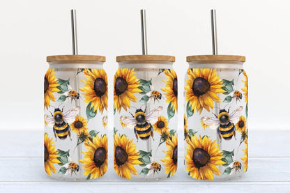 Sunflower and Bees 16oz Frosted Libbey Glass Tumbler