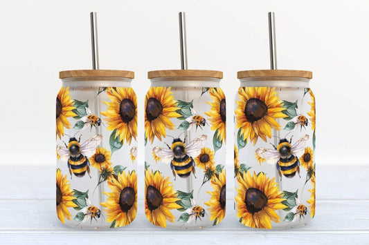 Sunflower and Bees 16oz Frosted Libbey Glass Tumbler