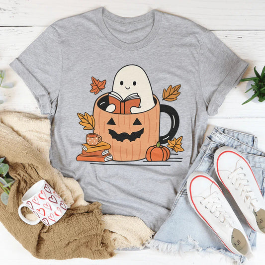 Cute Bookish Ghost In A Pumpkin Cup Tee