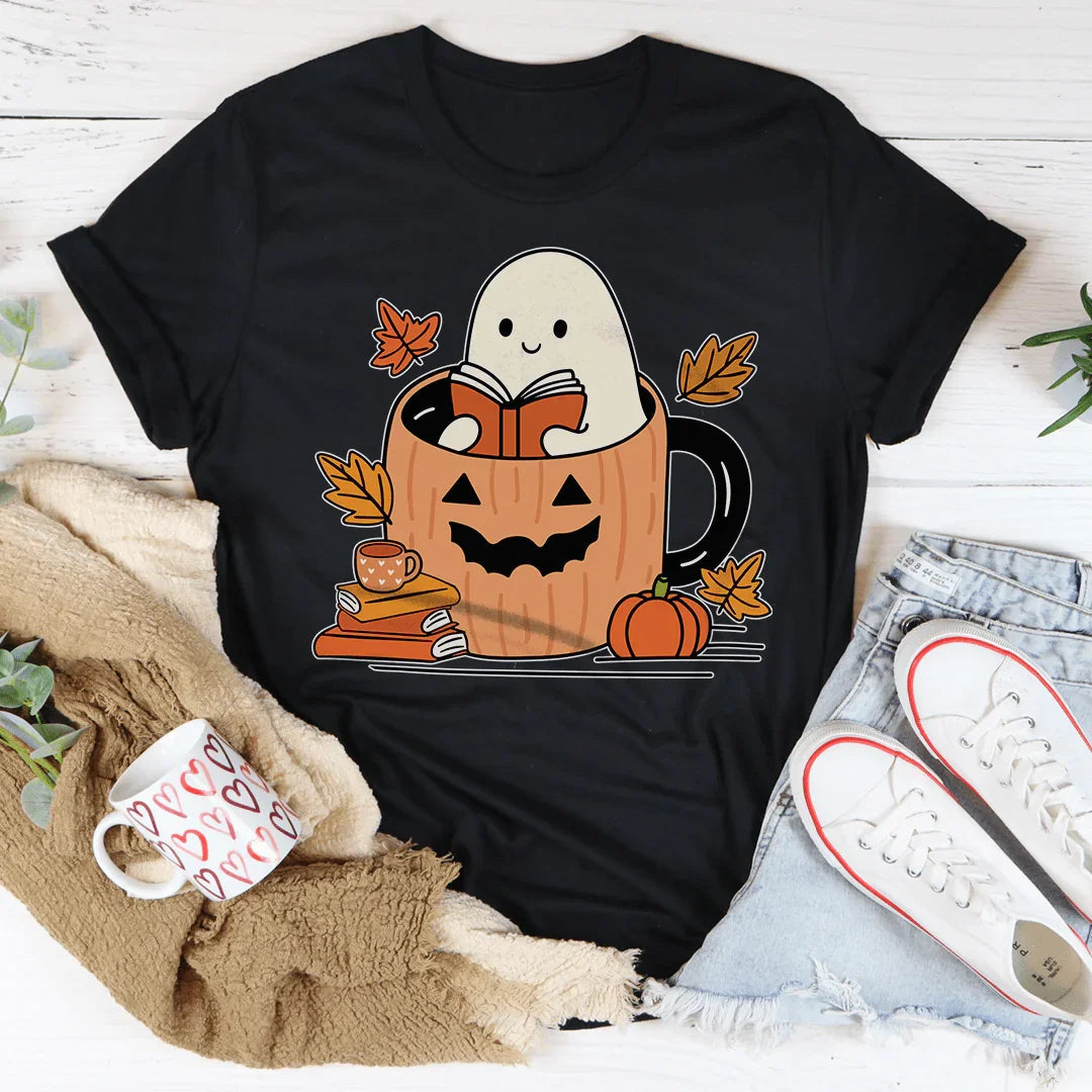 Cute Bookish Ghost In A Pumpkin Cup Tee